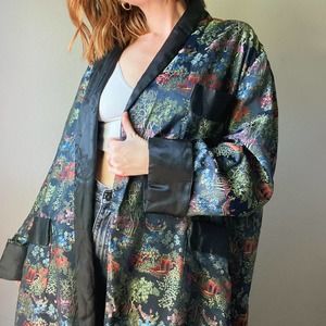 Vintage Silky Chinese Embroidered Asian Style Black Long Maxi Robe